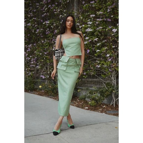 Camila Coelho Rousseau Set Linen Cargo Skirt Backless Shirt Y2K Small Sage Green - Picture 1 of 14